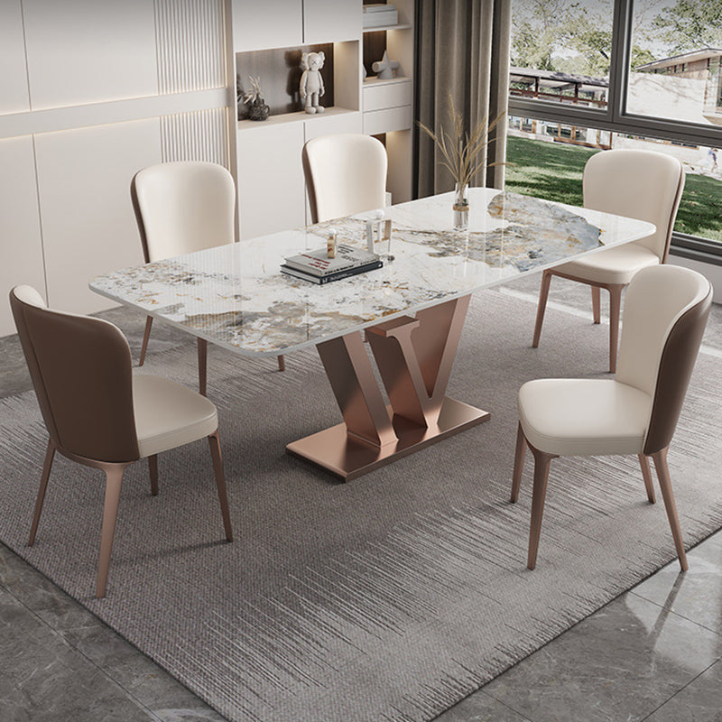 Nordic Glam Rectangle Sintered Stone Table Set 1/2/5/6 Pieces Dining Set 6 Pieces: Table, 5 Chairs Clearhalo 'Dining Room Sets' 'Dining Tables & Seating' 'dining_room_set' 'furn' 'furn_dining_room_set' 'Furniture' 'Kitchen & Dining Furniture' 5726405
