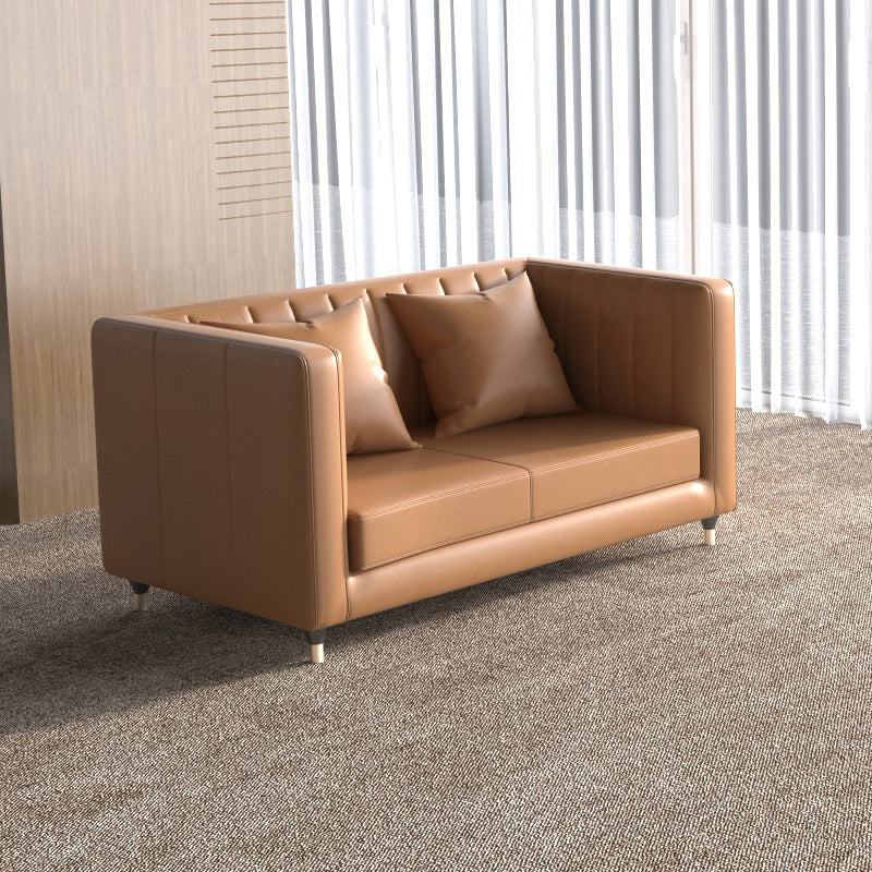 Genuine Leather Tuxedo Arm Sofa 33.46" Wide Contemporary Sofa, Brown 63"L x 33.5"W x 31.5"H Clearhalo 'furn' 'furn_sofas' 'Furniture' 'Living Room Furniture' 'Sofa' 'sofas' 5726766