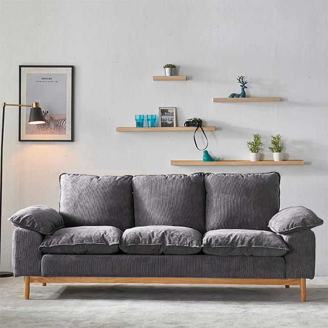 SOFA NORDICO DA 3 PERDIO CHE CILLATO POLIESTRO CHOUTO TOTTO CON CUSCHIONI E BASE IN LEGNO