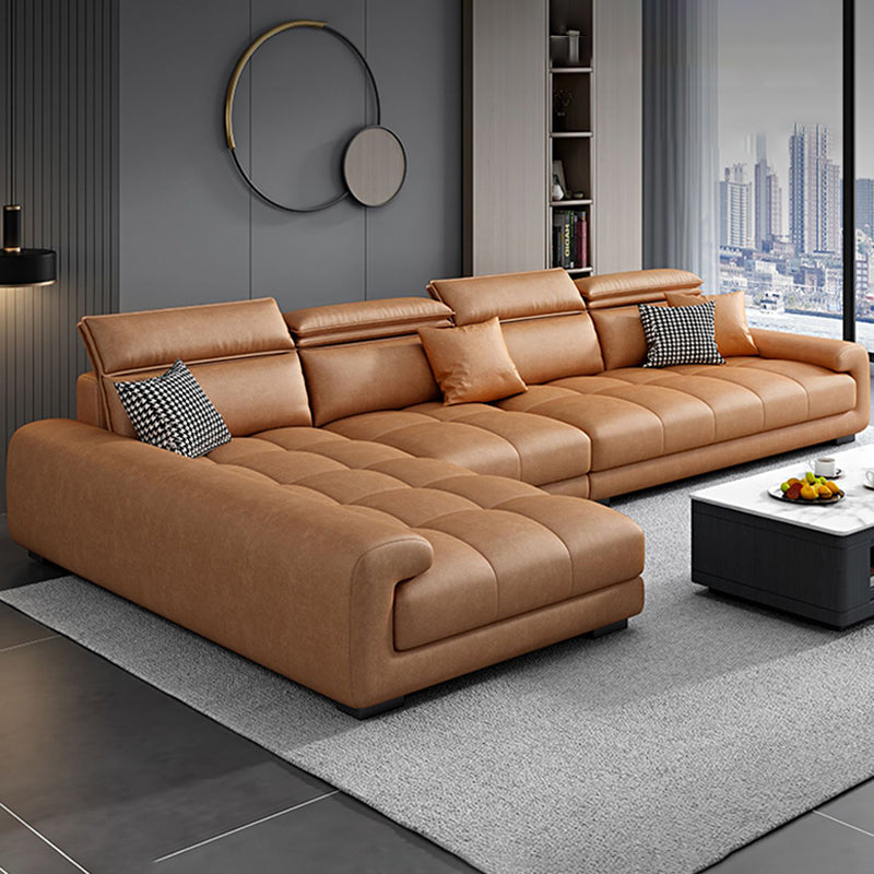 Faux Leather L-Shape Sectional with Adjustable Head Pillow for 4 People