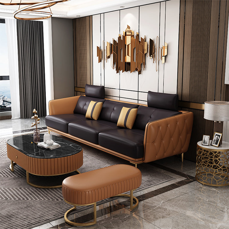 Sofá y chaise resistente a las manchas de cuero genuino de brazo cuadrado contemporáneo