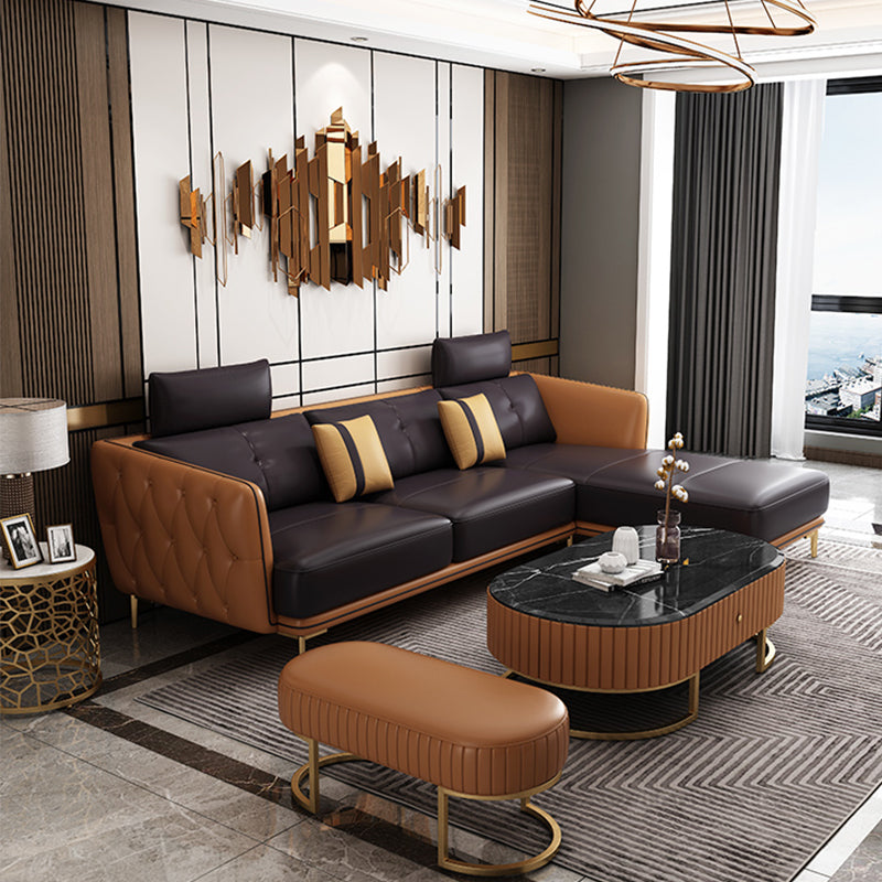 Sofá y chaise resistente a las manchas de cuero genuino de brazo cuadrado contemporáneo