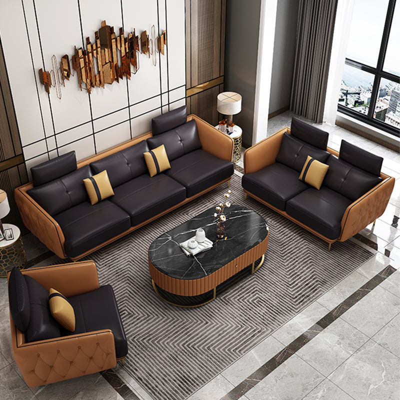 Sofá y chaise resistente a las manchas de cuero genuino de brazo cuadrado contemporáneo