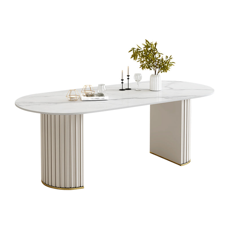 Simple Oval Dining Room Table Sintered Stone Top Double Pedestal Table White Without Chairs Clearhalo 'Dining Tables & Seating' 'Dining Tables' 'dining_table' 'furn' 'furn_dining_table' 'Furniture' 'Kitchen & Dining Furniture' 5729681