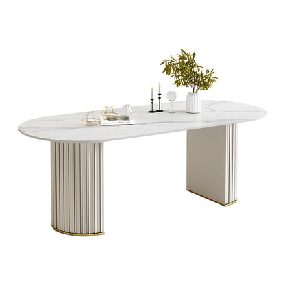 Simple Oval Dining Room Table Sintered Stone Top Double Pedestal Table White Without Chairs Clearhalo 'Dining Tables & Seating' 'Dining Tables' 'dining_table' 'furn' 'furn_dining_table' 'Furniture' 'Kitchen & Dining Furniture' 5729681