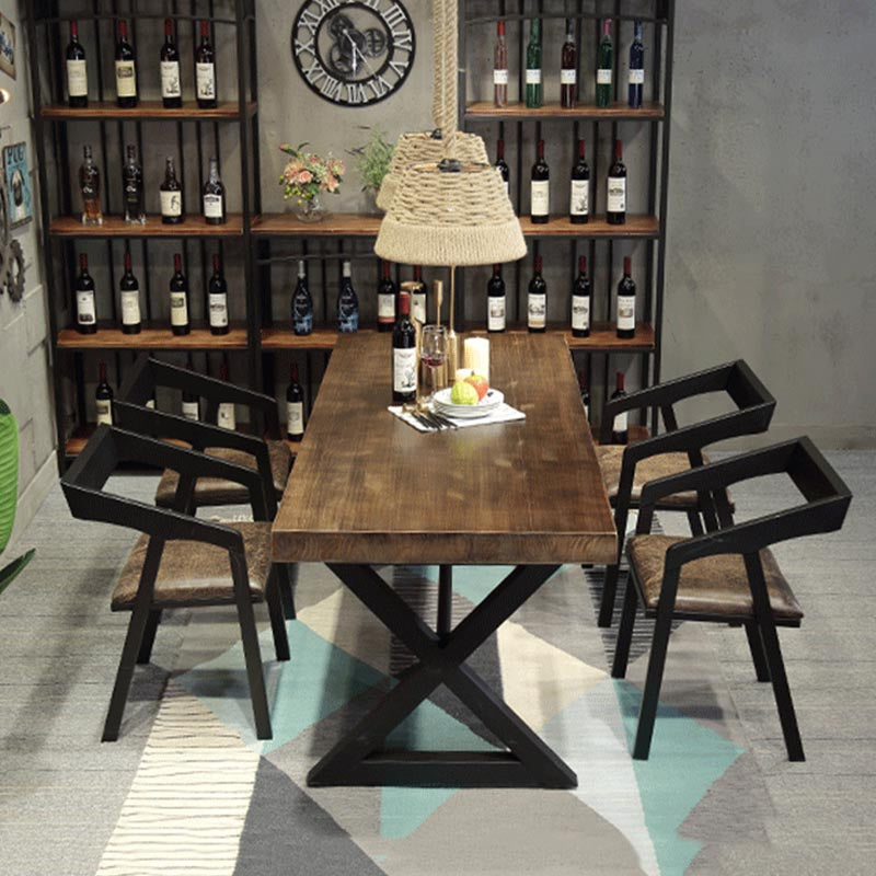 Industrial Coffee Shop Dining Table Rectangle Wood and Metal Base Dining Table 63"L x 27.6"W x 29.5"H Without Chairs Clearhalo 'Dining Tables & Seating' 'Dining Tables' 'dining_table' 'furn' 'furn_dining_table' 'Furniture' 'Kitchen & Dining Furniture' 5729986