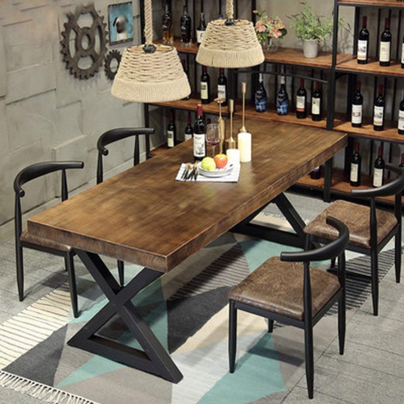 Industrial Coffee Shop Dining Table Rectangle Wood and Metal Base Dining Table 78.7"L x 39.4"W x 29.5"H Without Chairs Clearhalo 'Dining Tables & Seating' 'Dining Tables' 'dining_table' 'furn' 'furn_dining_table' 'Furniture' 'Kitchen & Dining Furniture' 5729987