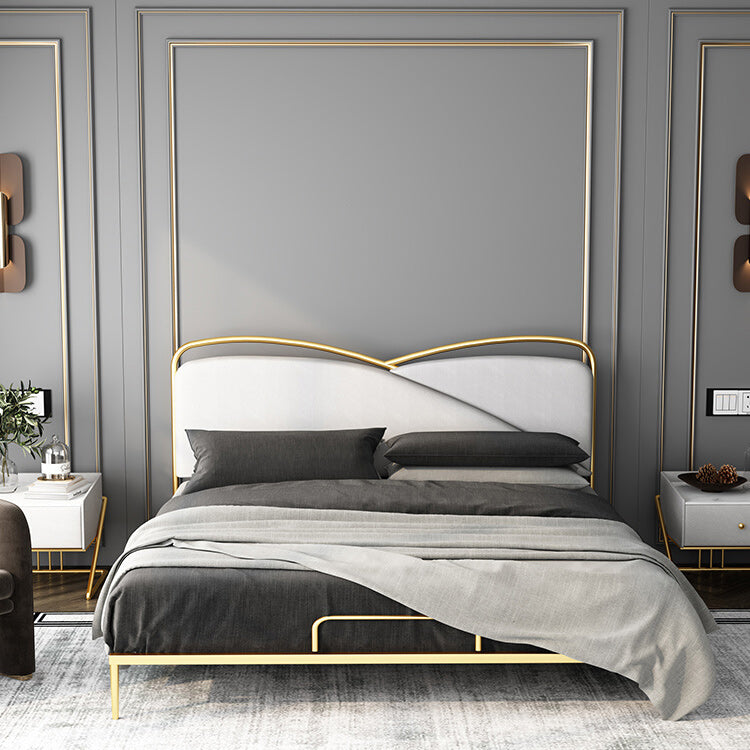 Luxurious Standard Bed in Gold Upholstered Low Profile Metal Bed