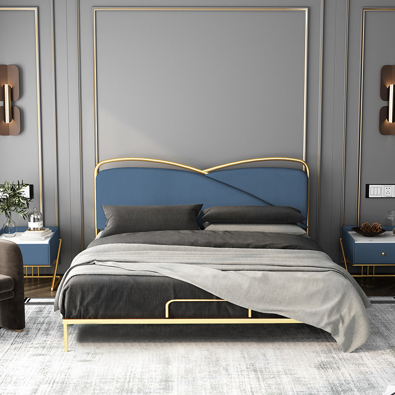 Luxurious Standard Bed in Gold Upholstered Low Profile Metal Bed