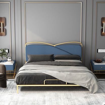Luxurious Standard Bed in Gold Upholstered Low Profile Metal Bed