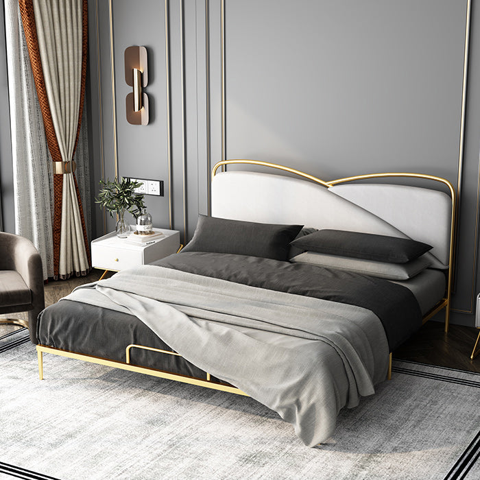 Luxurious Standard Bed in Gold Upholstered Low Profile Metal Bed