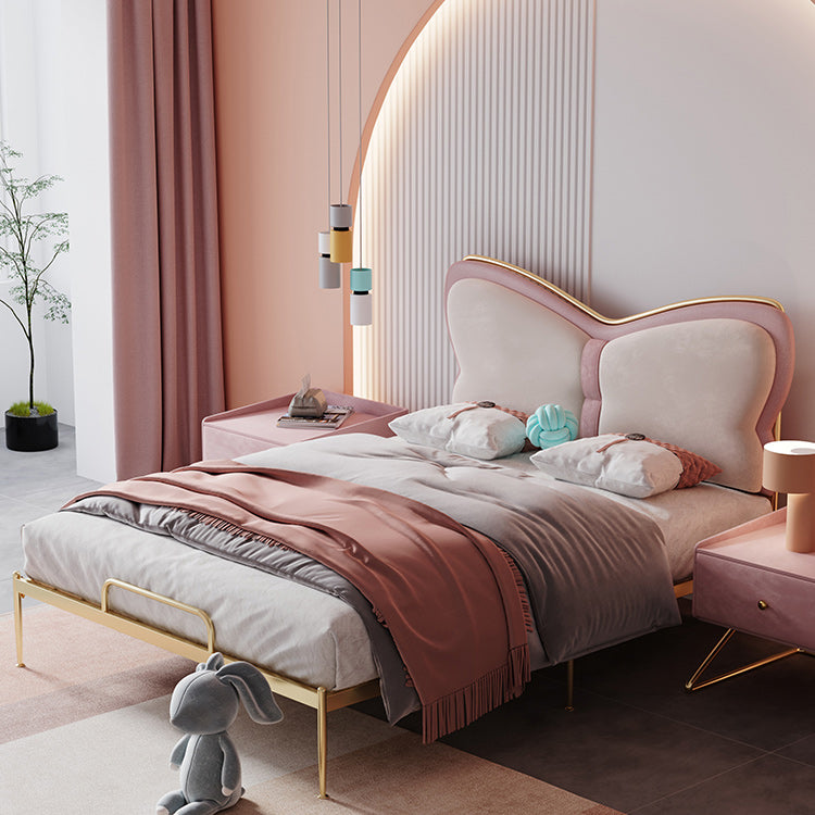 Low Profile Standard Bed Gold Metal Bed Frame with Upholstered Headboard Clearhalo 'Bedroom Furniture' 'Beds' 'furn' 'furn_beds' 'Furniture' 5731301