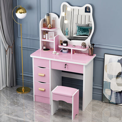 4 Drawers 31.5" Wide Vanity Set Nordic Wood Dressing Table with Stool and Mirror Makeup Vanity & Mirror & Stools Pink Left Clearhalo 'Bedroom Furniture' 'furn' 'furn_makeup_vanities' 'Furniture' 'Makeup Vanities' 'makeup_vanities' 5731514