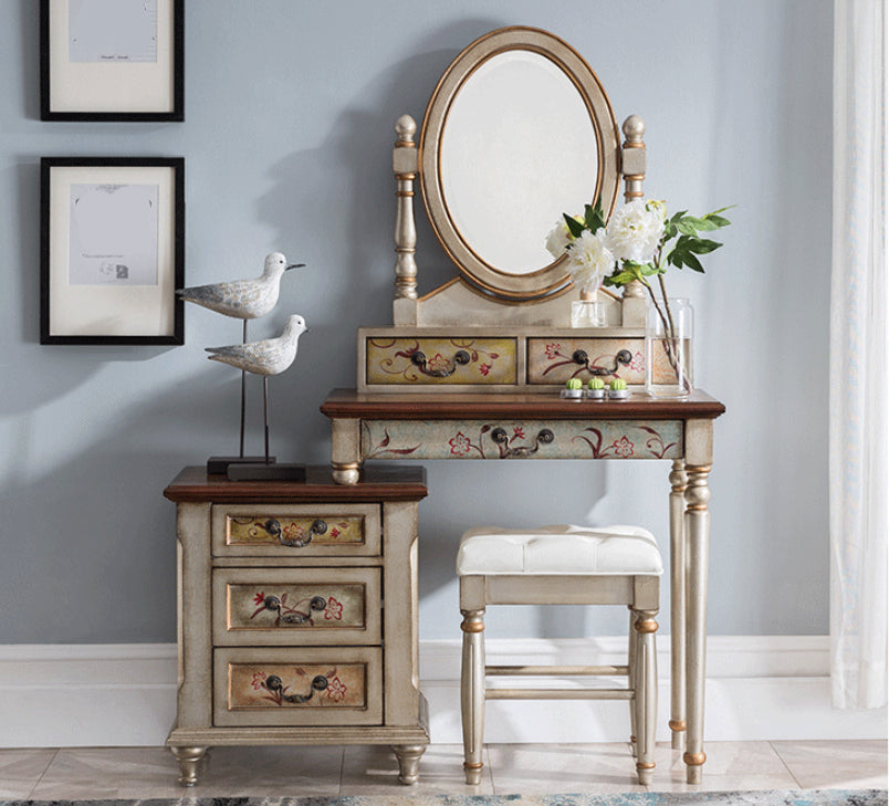 Victorian Wood Vanity Table with Mirror and Stool 15.75" D Vanity Table Set Makeup Vanity & Mirror & Stools 47"L x 16"W x 61"H Walnut White Clearhalo 'Bedroom Furniture' 'furn' 'furn_makeup_vanities' 'Furniture' 'Makeup Vanities' 'makeup_vanities' 5731537