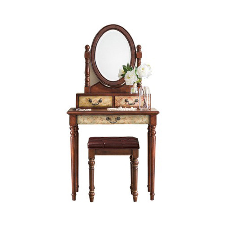 Victorian Wood Vanity Table with Mirror and Stool 15.75" D Vanity Table Set Makeup Vanity & Mirror & Stools 31"L x 16"W x 61"H Walnut+Beige Clearhalo 'Bedroom Furniture' 'furn' 'furn_makeup_vanities' 'Furniture' 'Makeup Vanities' 'makeup_vanities' 5731539