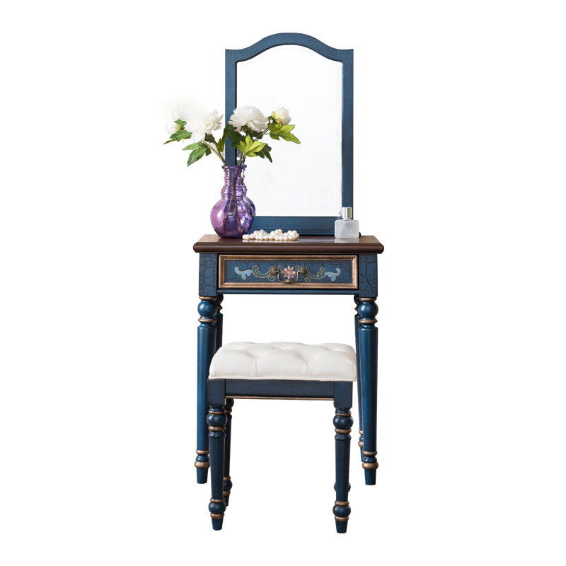 Victorian Wood Vanity Table with Mirror and Stool 15.75" D Vanity Table Set Makeup Vanity & Mirror & Stools 24"L x 16"W x 57"H Blue Clearhalo 'Bedroom Furniture' 'furn' 'furn_makeup_vanities' 'Furniture' 'Makeup Vanities' 'makeup_vanities' 5731546
