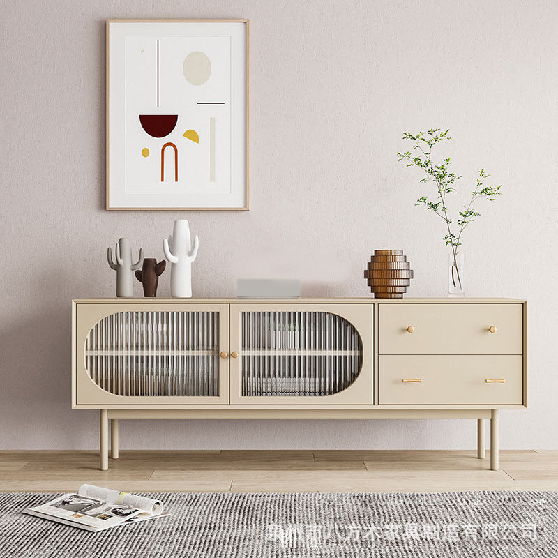 25.6" High Nordic TV Stand Solid Wood TV Cabinet with 2-Drawer & Cabinet Off-White Glass Clearhalo 'furn' 'furn_tv_stands_entertainment_centers' 'Furniture' 'Living Room Furniture' 'TV Stands & Entertainment Centers' 'TV Stands & Media Storage Furniture' 'tv_stands_entertainment_centers' 5732593