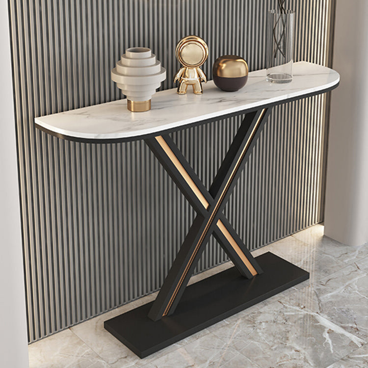 Half Moon Stone Top Accent Table with Black Iron Pedestal Base 47"L x 12"W x 31"H White Clearhalo 'Console Tables' 'console_tables' 'Entry & Mudroom Furniture' 'furn' 'furn_console_tables' 'Furniture' 5732795