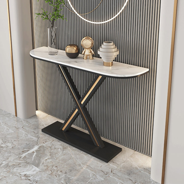 Half Moon Stone Top Accent Table with Black Iron Pedestal Base Clearhalo 'Console Tables' 'console_tables' 'Entry & Mudroom Furniture' 'furn' 'furn_console_tables' 'Furniture' 5732804