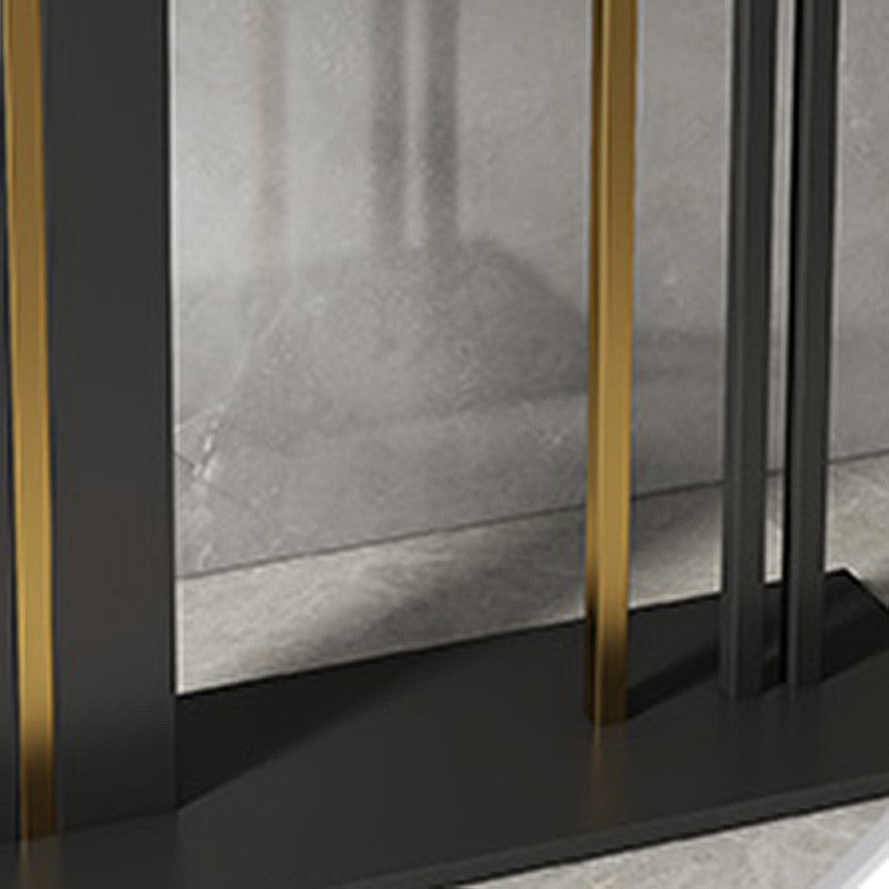 Tavolino moderno con console a mezza luna con top in pietra e base di piedistallo di ferro