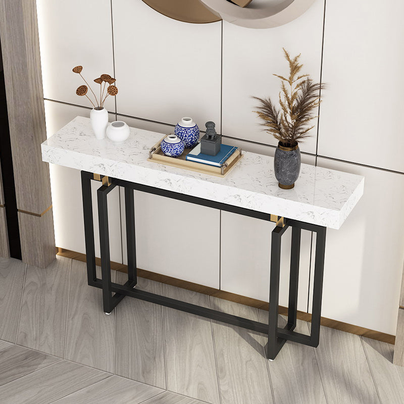 Rectangle Marble Top Console Table with Iron Trestle Base for Hall 47"L x 12"W x 31"H Black White Clearhalo 'Console Tables' 'console_tables' 'Entry & Mudroom Furniture' 'furn' 'furn_console_tables' 'Furniture' 5732933