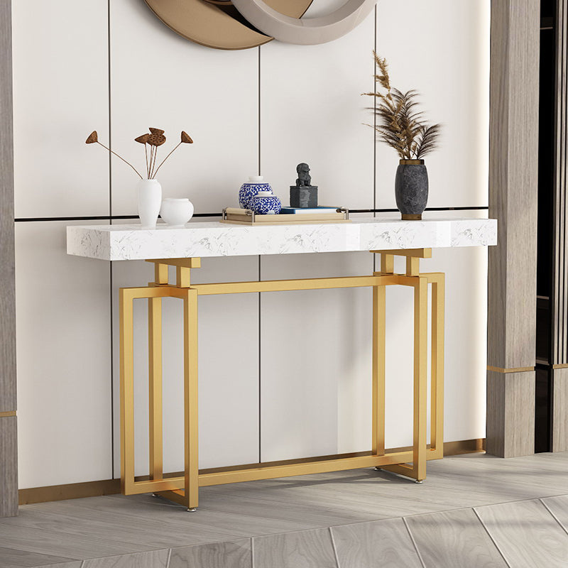 Rectangle Marble Top Console Table with Iron Trestle Base for Hall 59"L x 12"W x 31"H Gold White Clearhalo 'Console Tables' 'console_tables' 'Entry & Mudroom Furniture' 'furn' 'furn_console_tables' 'Furniture' 5732935