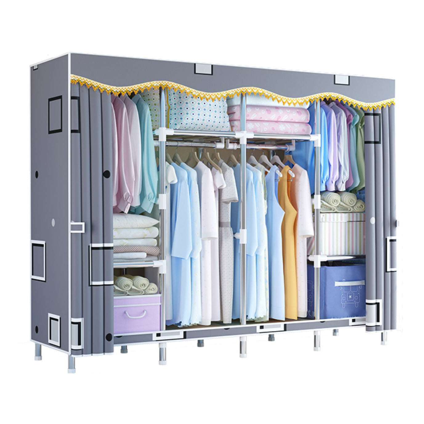 Modern Style Wardrobe Metal Bedroom Wardrobe Closet with Cloth Rod 65"L x 18"W x 67"H Grey Clearhalo 'Armoires & Wardrobes' 'armoires_wardrobes' 'Bedroom Furniture' 'furn' 'furn_armoires_wardrobes' 'Furniture' 5740258