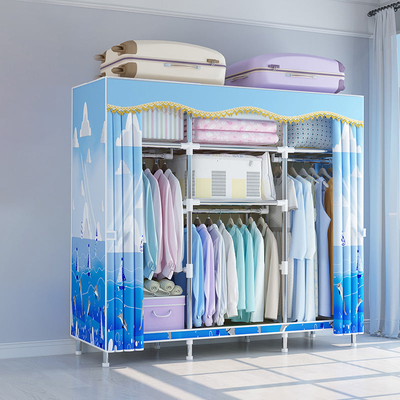 Modern Style Wardrobe Metal Bedroom Wardrobe Closet with Cloth Rod 56"L x 18"W x 67"H Blue Clearhalo 'Armoires & Wardrobes' 'armoires_wardrobes' 'Bedroom Furniture' 'furn' 'furn_armoires_wardrobes' 'Furniture' 5740269