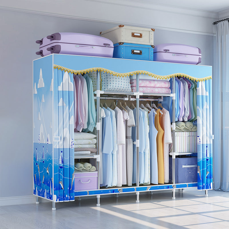 Modern Style Wardrobe Metal Bedroom Wardrobe Closet with Cloth Rod 65"L x 18"W x 67"H Blue Clearhalo 'Armoires & Wardrobes' 'armoires_wardrobes' 'Bedroom Furniture' 'furn' 'furn_armoires_wardrobes' 'Furniture' 5740271