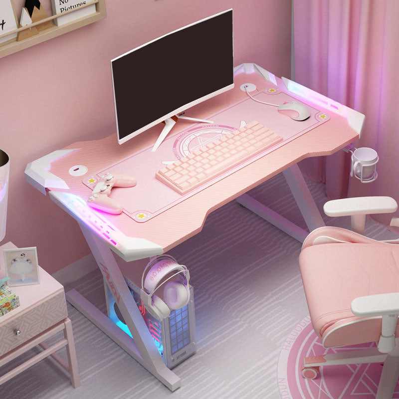 28"H Glam Gaming Desk Cable Management Rectangular Wooden Office Desk 39.4"L x 23.6"W x 28.3"H Pink Clearhalo 'furn' 'furn_office_desk' 'Furniture' 'Office Desks' 'Office Furniture' 'office_desk' 5740682