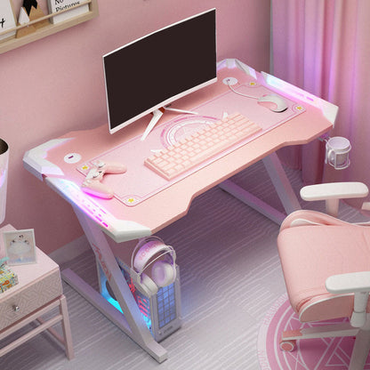 28"H Glam Gaming Desk Cable Management Rectangular Wooden Office Desk 39.4"L x 23.6"W x 28.3"H Pink Clearhalo 'furn' 'furn_office_desk' 'Furniture' 'Office Desks' 'Office Furniture' 'office_desk' 5740682