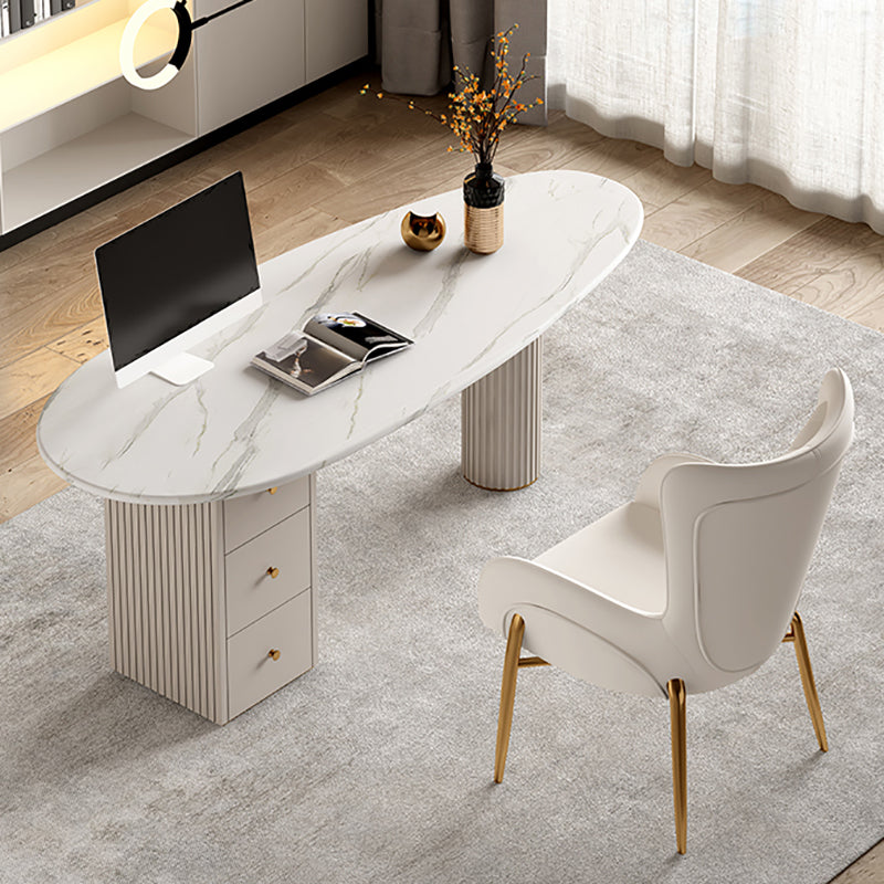 White Writing Desk Sintered Stone Desk with Three Drawers for Home and Office Clearhalo 'furn' 'furn_office_desk' 'Furniture' 'Office Desks' 'Office Furniture' 'office_desk' 5740769