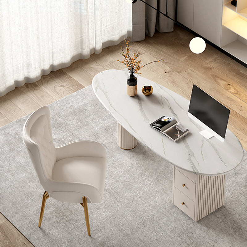 White Writing Desk Sintered Stone Desk with Three Drawers for Home and Office Clearhalo 'furn' 'furn_office_desk' 'Furniture' 'Office Desks' 'Office Furniture' 'office_desk' 5740771