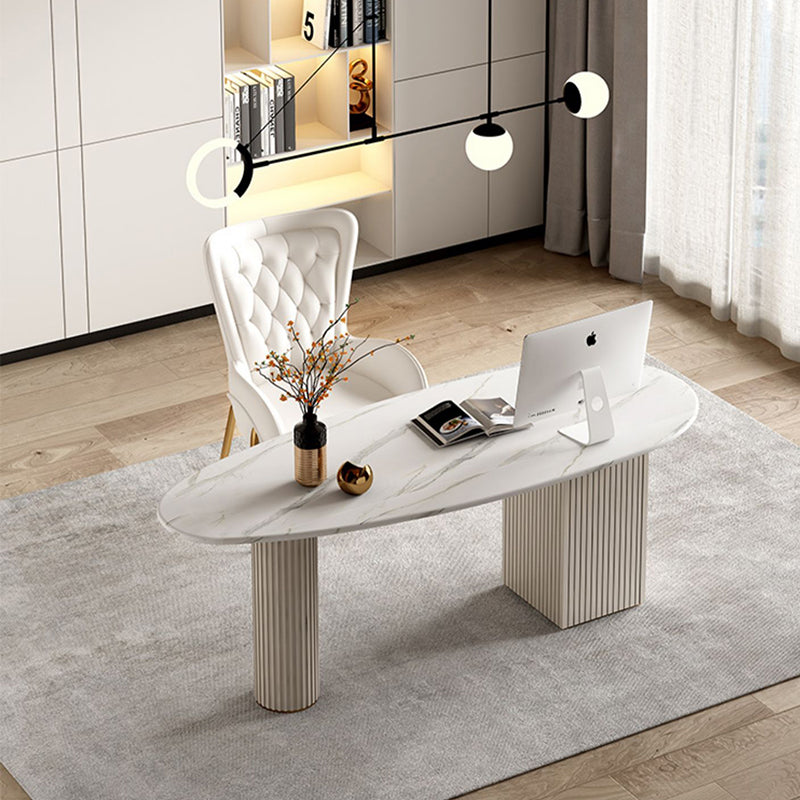 White Writing Desk Sintered Stone Desk with Three Drawers for Home and Office Clearhalo 'furn' 'furn_office_desk' 'Furniture' 'Office Desks' 'Office Furniture' 'office_desk' 5740777