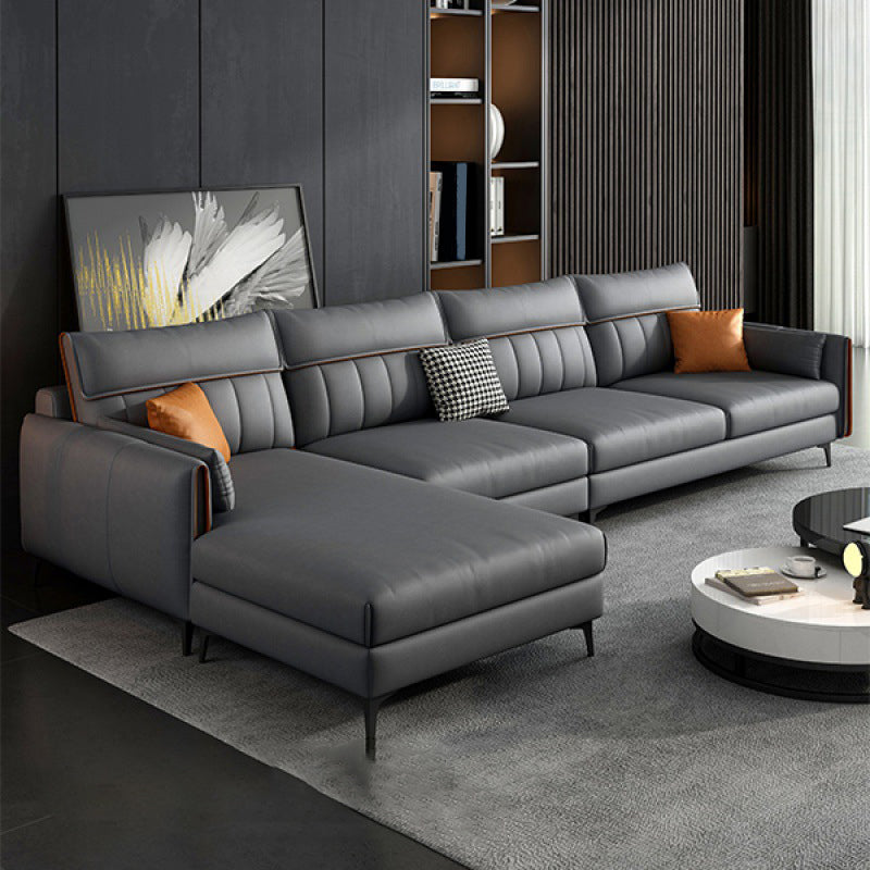 Sectional de cuero falso moderno con 4 almohadas para 4 personas