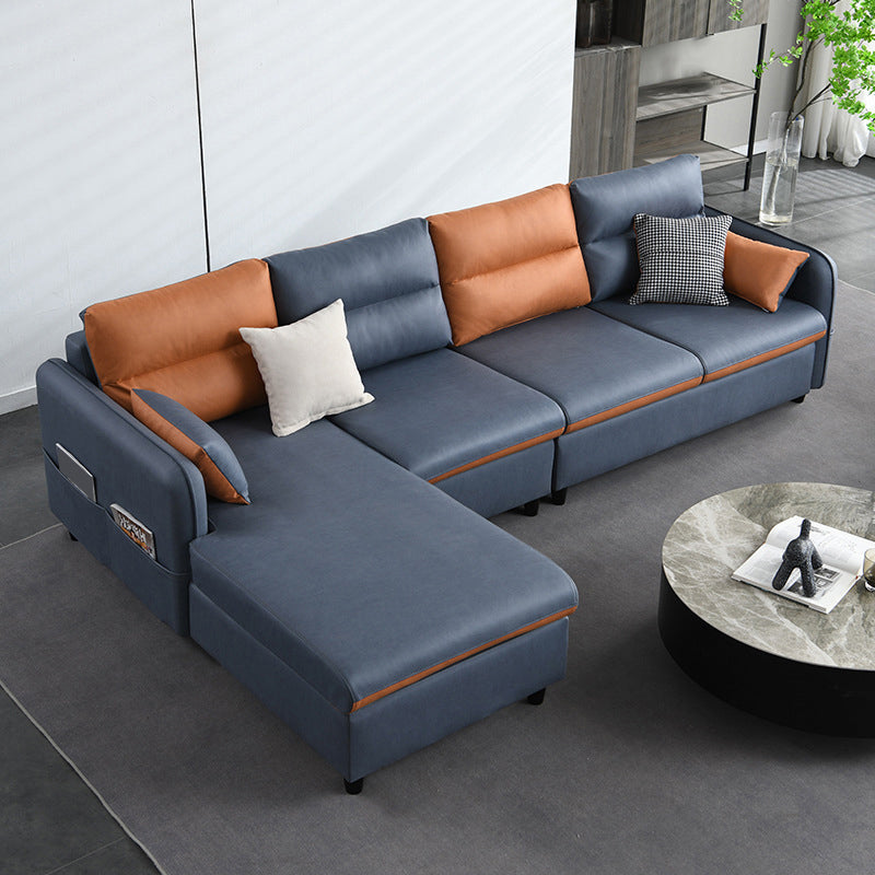 Faux Leather Sectional with 4 Pillows Back and Storage Arms for Living Room