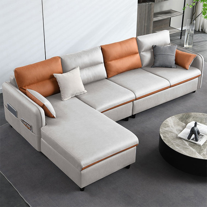 Faux Leather Sectional with 4 Pillows Back and Storage Arms for Living Room