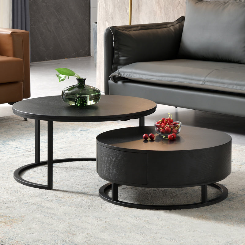 Nordic Style Round Frame/drum Base Solid Wood Table with Drawer Coffee Table 31.5"L x 31.5"W x 16"H Black Frame Clearhalo 'Coffee & Accent Tables' 'Coffee Tables' 'coffee_tables' 'furn' 'furn_coffee_tables' 'Furniture' 'Living Room Furniture' 5749443