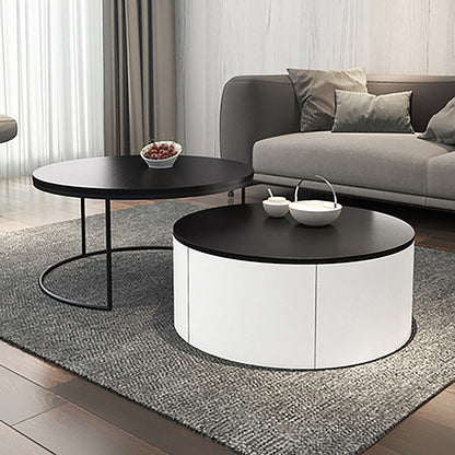 Nordic Style Round Frame/drum Base Solid Wood Table with Drawer Coffee Table 31.5"L x 31.5"W x 16"H Black-White Drum Clearhalo 'Coffee & Accent Tables' 'Coffee Tables' 'coffee_tables' 'furn' 'furn_coffee_tables' 'Furniture' 'Living Room Furniture' 5749445