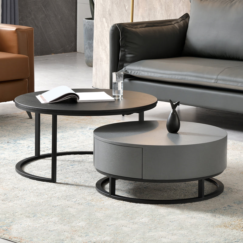 Nordic Style Round Frame/drum Base Solid Wood Table with Drawer Coffee Table 31.5"L x 31.5"W x 16"H Black Gray Frame Clearhalo 'Coffee & Accent Tables' 'Coffee Tables' 'coffee_tables' 'furn' 'furn_coffee_tables' 'Furniture' 'Living Room Furniture' 5749448