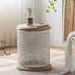 French Country Wood Round Tray Coffee Table Iron Drum Cocktail Table