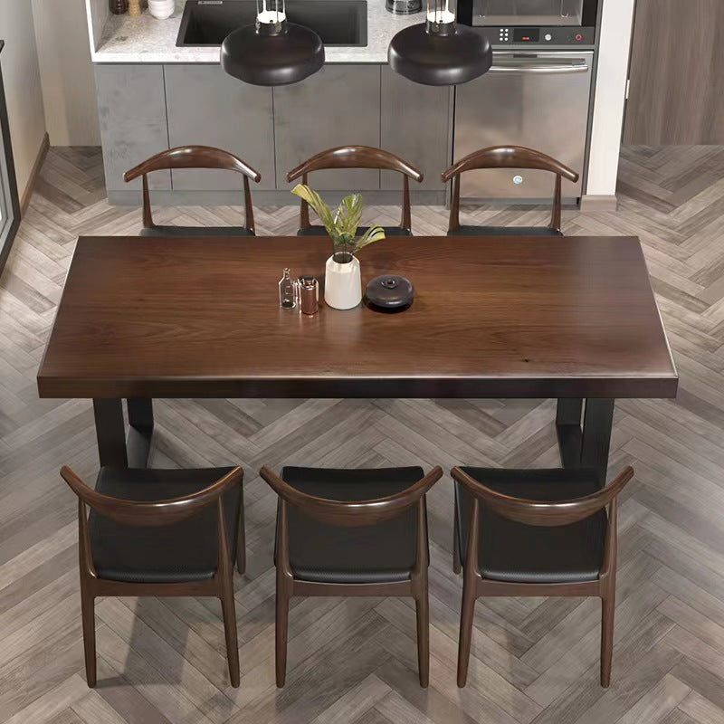 Brown Solid Wood Top Table Rectangle Black Iron Sled Base Dining Table 55.1"L x 27.6"W x 29.5"H Without Chairs Clearhalo 'Dining Tables & Seating' 'Dining Tables' 'dining_table' 'furn' 'furn_dining_table' 'Furniture' 'Kitchen & Dining Furniture' 5752034