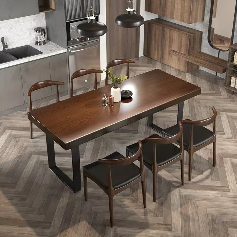 Brown Solid Wood Top Table Rectangle Black Iron Sled Base Dining Table 86.6"L x 31.5"W x 29.5"H Without Chairs Clearhalo 'Dining Tables & Seating' 'Dining Tables' 'dining_table' 'furn' 'furn_dining_table' 'Furniture' 'Kitchen & Dining Furniture' 5752035