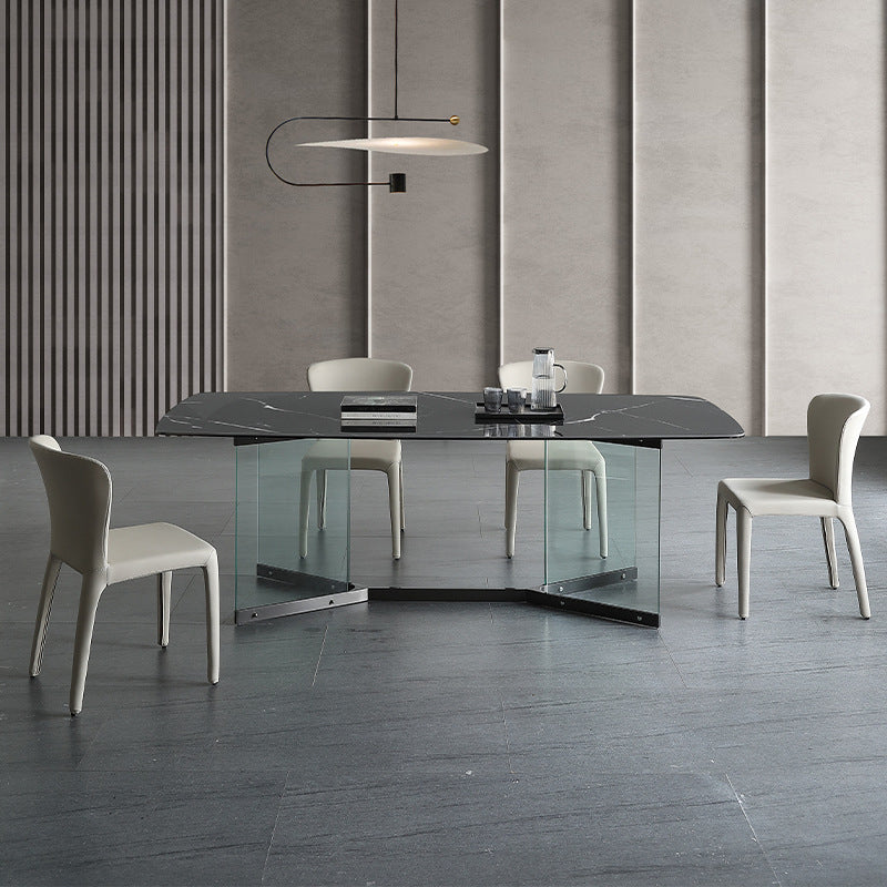 Modern Glass Base Table Rectangle Stone Top Dining Table for Kitchen