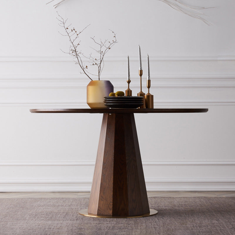 Contemporary Round Dining Room Table Brown Pine Wood Pedestal Table
