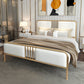 Glam -paneelbed metaal en gestoffeerd bedframe met gestoffeerd hoofdeinde