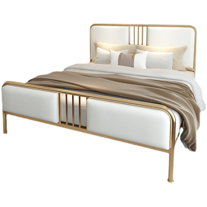 Glam -paneelbed metaal en gestoffeerd bedframe met gestoffeerd hoofdeinde