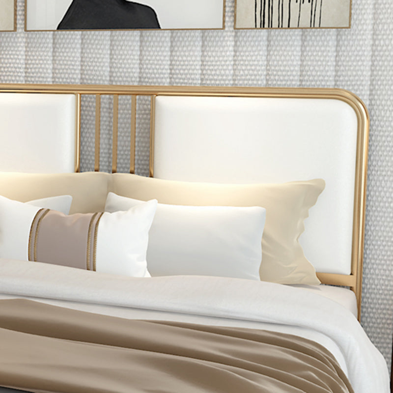 Glam -paneelbed metaal en gestoffeerd bedframe met gestoffeerd hoofdeinde