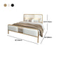 Glam -paneelbed metaal en gestoffeerd bedframe met gestoffeerd hoofdeinde