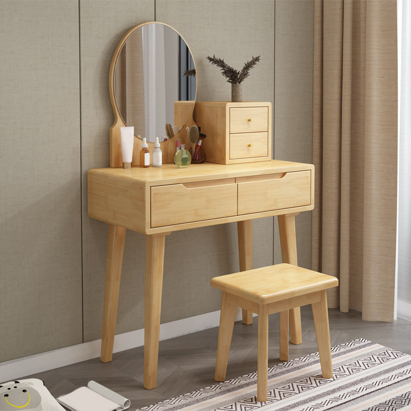 4 Drawer & Mirror Makeup Vanity Desk Rubber Wood Dressing Table Makeup Vanity & Mirror & Stools Wood Clearhalo 'Bedroom Furniture' 'furn' 'furn_makeup_vanities' 'Furniture' 'Makeup Vanities' 'makeup_vanities' 5754456